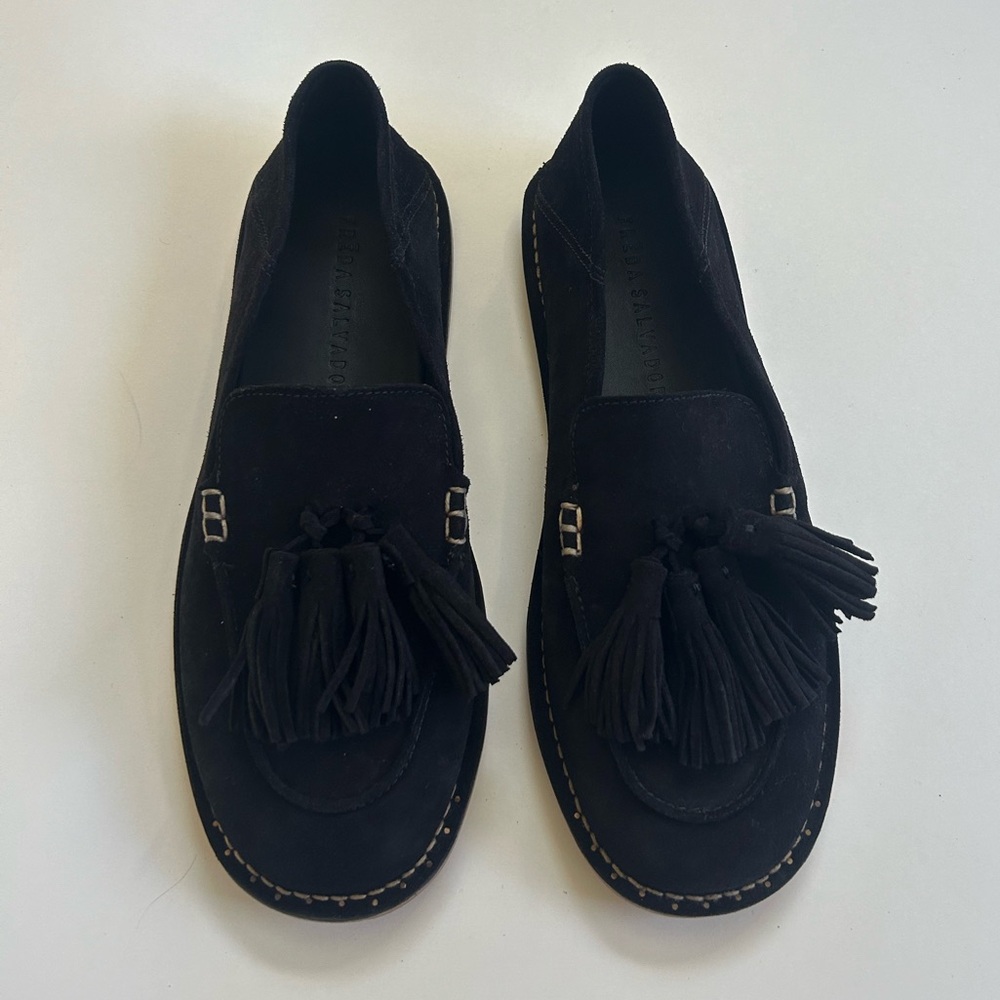 Size 9 black suede tassel loafer by Freda Salvador NWOB